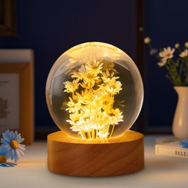 Daisy Decor Gifts,Daisy Flower Lamp Crystal Ball Night Light,2.4 Inch Glass Ball Lamp with LED Wooden Base,Soft Warm White Lighting for Women Best Friends Sister Birthday Xmas Aesthetic Gift(Yellow)