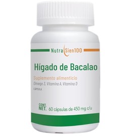 Nutrasien100 Aceite de Hgado de Bacalao  Omega 3, Vitamina A y D3  60 Cpsulas Blandas  Suplemento para Huesos, Bienestar Diario y Salud Familiar      