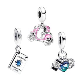 Doyafer 925 Sterling Silver Travel Series Charm Set Passport Camera Motorcycle Pendant suitable for women's bracelets Birthday gift 3-Piece/Package