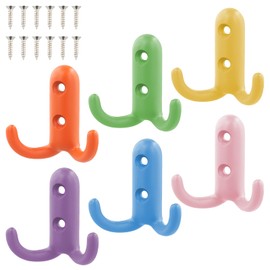 Litinliv Pack of 6 Children's Colourful Wall Hooks, Coat Hooks with Screws, Key Hooks, Wall Double Hooks, Wall Metal Hat Hooks, for Coat Hooks, Bathroom, Kitchen, Office