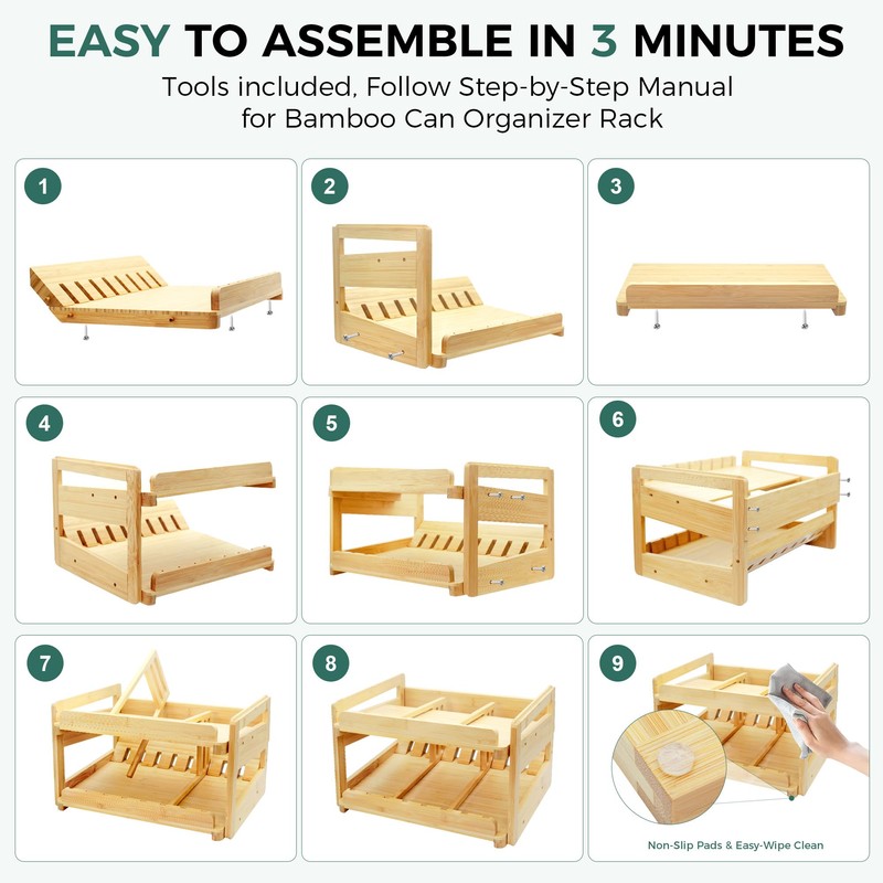 MinBoo Adjustable Can Organizer Rack, Two Tier Bamboo Stackable FIFO