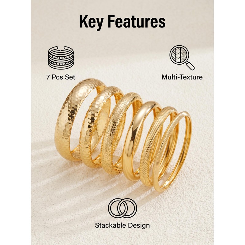 YEEZII Gold Bangle Bracelets for Women, 7Pcs 14K Gold Plated