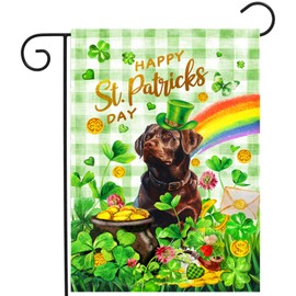 Chocolate Lab St Patricks Day Garden Flag Labrador Dog St Patrick's Day Yard Flags for Outside 12x18 Double Sided Buffalo Plaid Shamrock Flag Small Outdoor Rainbow St Patrick's Decor