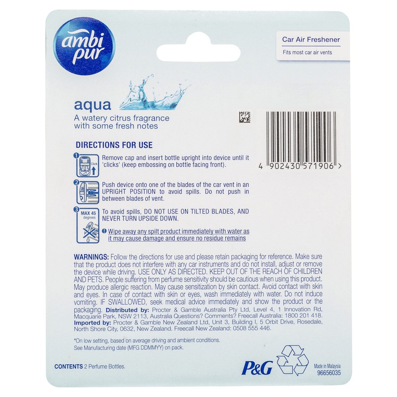 Ambi Pur Premium Clip Aqua Car Air Freshener Refill, 2