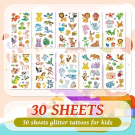 300 Styles Glitter Tattoos Stickers for Children, Pirate Dinosaur Animals Tattoos for Children Boys Girls Kids Tattoos Temporary for Birthday Party Favour Decorations (30 Sheets)