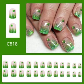 24Pcs St. Patrick's Day Press on Nails Short Square French Tip Fake Nails with Green Glitter Shamrock Designs Irish Acrylic False Nails Full Cover Artificial Glue on Nails for Women Girls