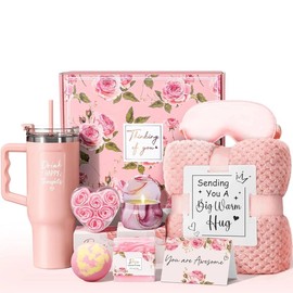 Mayicivo Mothers Day Gifts ideas Basket for Women with Flannel and stainless steel Insulated tumbler Blanket, Unique Gifts for Mom, Friends, and Wife:_Rose (with blanket)
