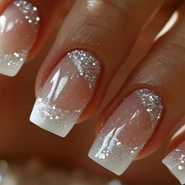 French Tip Press on Nails Medium Square Acrylic Nails Silver Glitter with Designs Fake Nails Glossy Full Cover Glue on Nails Nude Ombre Nails Press ons for Natural Manicure for Women 24Pcs