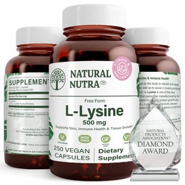 Natural Nutra L Lysine HCl, Promotes Bone Health and Growth, Support Skin Health, Improve Vitamin C Absorption, Helps Built Collagen, Improve Calcium Absorption, Non-GMO, Vegan, 500 mg, 250 Capsules.