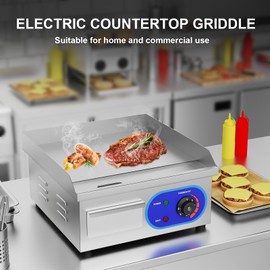 DULONG Electric Flat Top Grill,1500W Electric Flat Top Griddle,14" Stainless Steel Commercial Griddle with Thermostatic Control for Kitchen BBQ