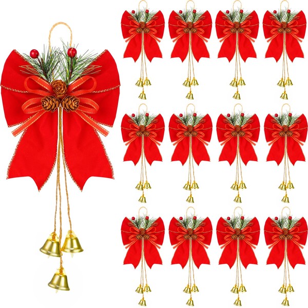 Yuxung 12 Pcs Christmas Bow with Pine Cones Christmas Wreath Bows Xmas Decorative Bows Ornament with Bell Christmas Tree Toppers Bows for Kitchen Cabinet Christmas Party Decoration (Red)