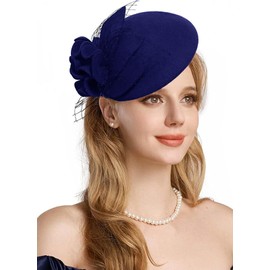 RZTA Women's Vintage 100% Wool Felt Cloche Bucket Bowler Hat Winter Vintage Bow Fedoras Church Fascinator, 02-navy, One Size