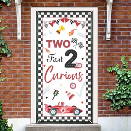 Kreatwow Two Fast 2 Curious Birthday Decorations Two Fast Door Banner Race Car 2nd Birthday Decor Boys Red Racing Themed Porch Sign Vintage Race Car Hanging Banner Door Decor Racing Party