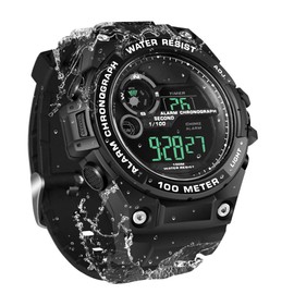 100 m Underwater Diving Watch for Men Boys with Functions of Stopwatch, Chronograph, Alarm Clock, Double Time Zone Display, 12/24 Hours Format Selectable, Black, Strap, black, Military