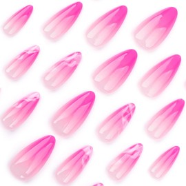 24 Pcs Spring French Tip Pink Press on Nails Short Almond - YIHONGYAN Acrylic Nail Art Manicure Kit Fake Nails Press ons Nail Tips False Nails Glue on Nails Full Cover White Gradient Stick on Nails