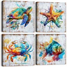 Sea Turtle Bathroom Wall Art Beach Decor Watercolor Fish Crab Starfish Canvas Prints Colorful Sea Animals Coastal Paintings Ocean Life Nursery Decor for Bedroom Living Room Home Decoration 12x12" 4Pcs