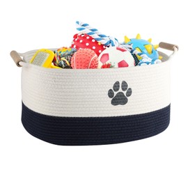 Geyecete Dog toy basket dog toy bin Woven Storage Baskets for Dog Cat Dog Toy Box Sturdy Reinforced Handles with Paw Print basket-Beige/Dark Blue