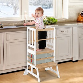 COSYLAND Toddler Standing Tower - Adjustable Height Toddler Kitchen Stool Helper - Kids Kitchen Step Stool for Learning with Removable Safety Railing White&Natural