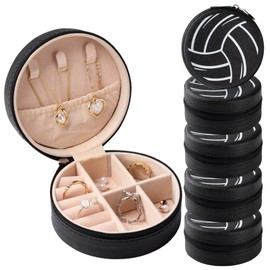 6 Pack Volleyball Mini Travel Jewelry Case Portable Black Round Volleyball Stuff Jewelry Organizer Storage Case for Christmas Sports Team Club Birthday Goodie Favors Gifts (Black Volleyball)