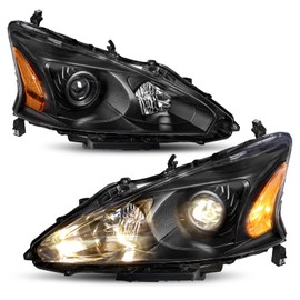 SOCKIR Headlight Assembly Compatible with 4-Door Sedan 2013 2014 2015 Nissan Altima Headlamp Driver and Passenger Side Black Housing Amber Reflector