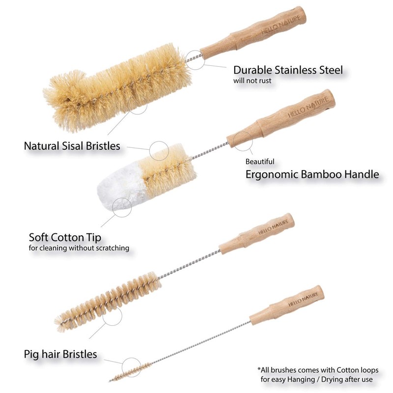 4Pcs Long Handle Bottle Cleaning Brush Set by HELLO NATURE,