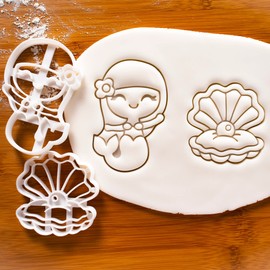 Set of 2 Mermaid Themed Cookie Cutters (Designs: Mermaid and Pearl Oyster), 2 Pieces - Bakerlogy