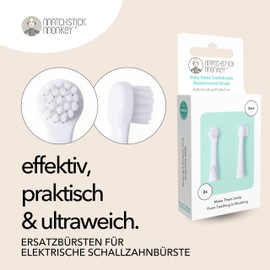 Matchstick Monkey Zahnbürsten Ersatzköpfe (2er Pack) für elektrische Zahnbürste - Sanfte Reinigung für Babys & Kleinkinder - 3-36 Monaten - ultraweiche Borsten & BioCote® Schutz