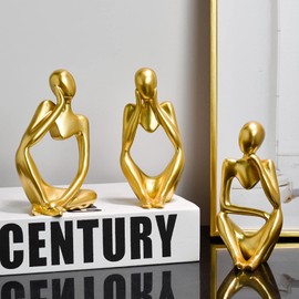 Generisch Modern Sculpture Decoration for Living Room - Bookworm Figure Made of Resin | Black White Gold Abstract Art | Office Decoration & Shelf Decoration (A-Gold Set of 3)