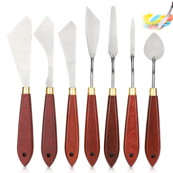 7 PCS Painting Knife Set, Stainless Steel Pallet Knife with Smooth Edges & Wooden Handle for Sturdy Grip Mixing Scraper for Acrylic & Oil Painting, Watercolor Perfect for Artists & Beginners