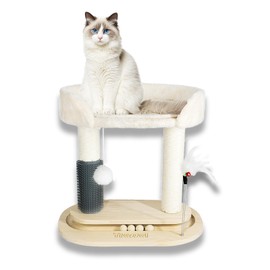 Tressel Cat Tree with Self-Grooming Brush 6-in-1 Wood Cat Tree Tower with Sisal Scratching Posts, Top Perch Bed, Hanging & Track Balls Pet Toy Cute Climbing Tower for Indoor Kitten Ault Cat, Beige