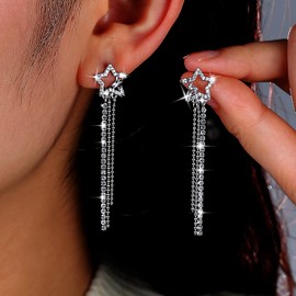 TseenYi Cz Star Studs Earrings Silver Rhinestone Hollow Star Earrings Crystal Star Long Chain Earrings Rhinestone Star Tassel Earrings Shine Cz Earrings Jewelry for Women and Girls