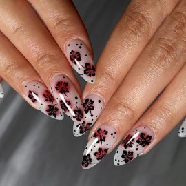 24Pcs Flower Press on nails Long Almond Fake Nails White Glue on Nails Black Cherry Blossoms Polka Dots Red Gradient Design Glossy Autumn False Nails for Women Decoration Nail Supplies