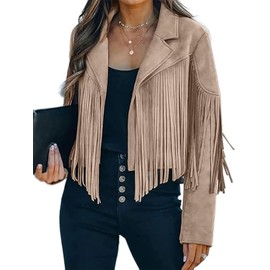 Bibowa Faux Leather Jackets For Women Trendy Cowgirl Outfits Fall Western Fringe Cropped Jacket 2025 Tassel Motorcycle Crop Coats Winter Apricot M