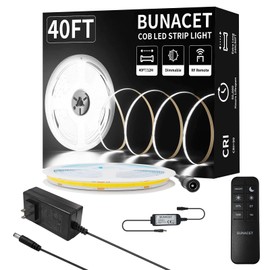 BUNACET COB LED Strip Light 40ft/12m (1 Roll) Cool White 6500K High Lumen CRI 90+ with UL Listed Power Adapter RF Remote for Bedroom Counter Under Cabinet Kitchen Projects