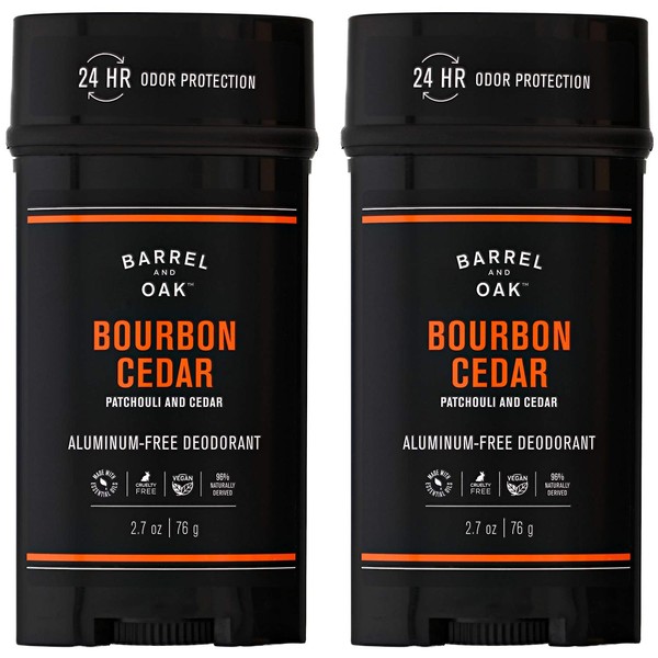 Barrel & Oak Men's Cedarwood Bourbon Deodorant, 2.7 oz, 2-Pack, Aluminum-Free, Essential Oil-Based Scent, 24-Hour Odor Protection, Gentle on Sensitive Skin