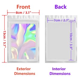 Rimiko Pack of 50 Ziplock Bags, Aluminium Foil with Zip and Transparent Window, Zip Films Mylar Bag, Resealable Bag (White Holographic, 8 x 13 cm)