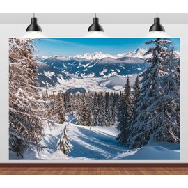 CORFOTO 7x5ft Alpine Winter View Photo Backdrop Snow Mountain Photography Backdrop Pine Trees Forest Background Snow Cover-ed Forest Backdrop Christmas Party Decor Photo Booth
