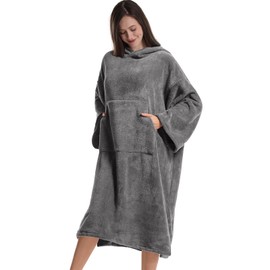 Adult Changing Bath Robe Beach Towel Coral Fleece Long Sleeve Hooded Blanket Super Soft Thick Fleece Poncho Bathrobe Shower Swimming Surfing Robe One Size for Men Women (Grey)