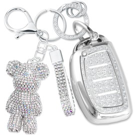 Cute Key Fob Cover with Rhinestone Bear Charm, Bling TPU Smart Key Case for Women, Compatible with Hyundai Santa Fe Santa Fe Sport Sonata Sonata Sport 2013-2019 (4-Button, Silver)