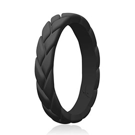 ROQ Silicone Rings for Women Thin Womens Silicone Rubber Wedding Rings Bands - Bridal Jewelry Set Promise Rings Anniversary Rings - Black Color - Size 7
