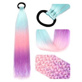 Ponytail Extension 18 inch Light Blue to Pink to Purple Colored Hair Extensions for Braiding Ombre Pony Tail Hair Extensions for Braids with Hair Tie Rave Crazy Hair Day 1 Pack