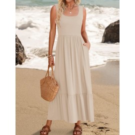 ZESICA Women's 2025 Summer Sleeveless Dress Square Neck Pleated Tiered Swing Maxi Dresses with Pockets,Apricot,Medium