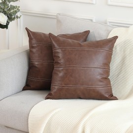 Mandioo Set of 2 Boho Striped Faux Leather Cushion Covers 45cm x 45cm 18x18 Inch Modern Luxury Square Decorative Throw Pillow Cases for Living Room Bedroom Sofa Couch Dark Brown