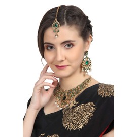 New! Touchstone Indian Bollywood Desire Traditional Filigree Faux Green Emerald Color Exclusive Grand Bridal Jewelry Necklace Set in Antique Gold Tone for Women