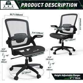KIZECK Mesh Seat Home Office Desk Computer Chair Height Adjustable Back Support with Flip Up Arms Swivel Wheels for Adult