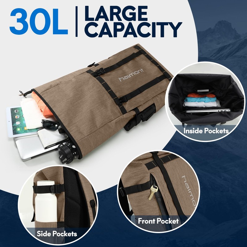 Haimont Rolltop Backpack for Men Women Water-Resistant Carry on Travel