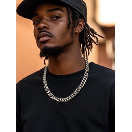 FaithHeart Stainless Steel Chains for Men - Miami Cuban Link Necklace, Silver Toned Mens Chain Necklaces 22 Inch