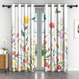Floral Blackout Curtains 84 inches Long for Bedroom Living Room Colorful Floral Butterfly Patterned Room Darkening Drapes Grommet Thermal Insulated Window Drapes 2 Panels 52W×84L