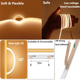 Cinlitek DC24V COB LED Strip Lights, 16.4ft Ultra High Density Tape Light, 480LED/m, 320+LM/FT, 5mm Width Dimmable LED Lighting for Indoor Home Cabinet Kitchen Decor&Commercial Use(No Power Supply)