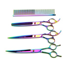 LILYS PET Professional PET Grooming scissors Kit,Coated Titanium,Sharp and Strong Stainless Steel Blade for Dogs Cats Hair Cutting,3 Pieces of Scissors with a Comb and a Case (7.0 inches, Rainbow)